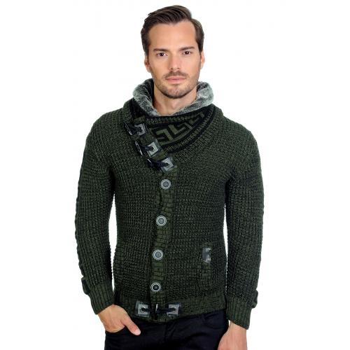 LCR Olive / Black Button-Up Modern Fit Wool Blend Shawl Collar Sweater 6430
